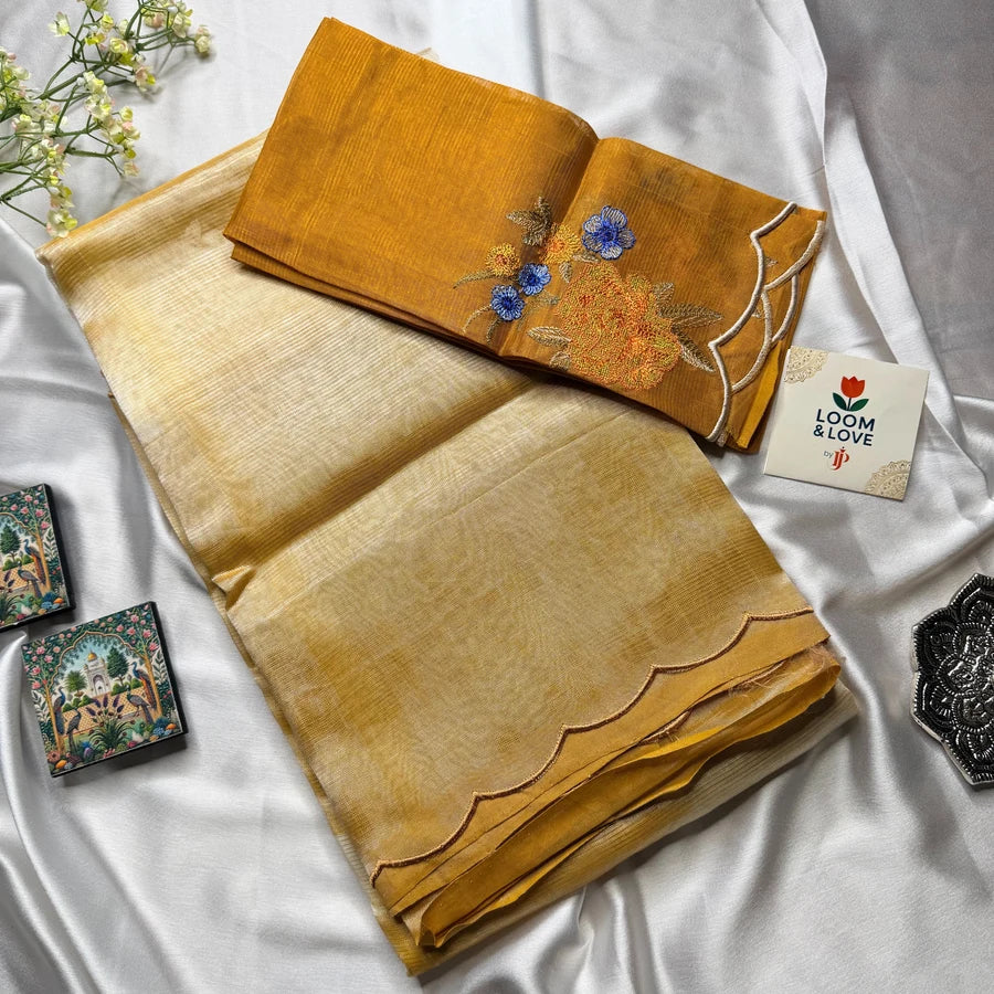 Sandal & Mustard Handloom Mangalagiri Pattu by Cotton Saree with Scalloped Border