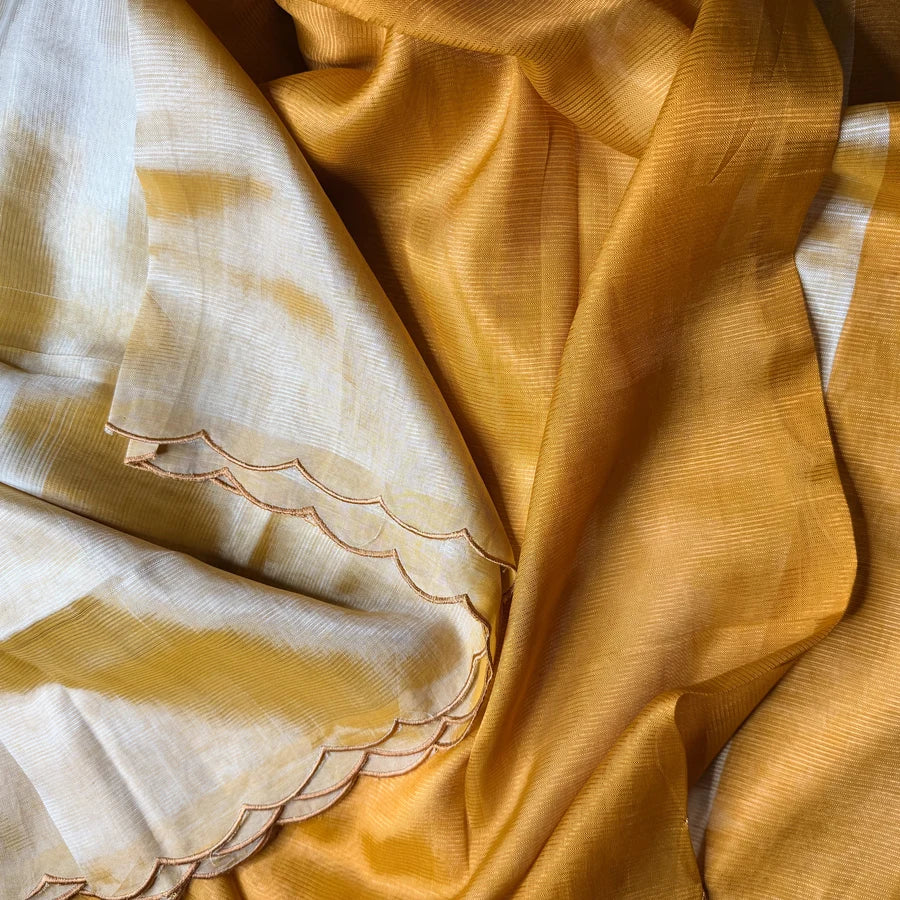 Sandal & Mustard Handloom Mangalagiri Pattu by Cotton Saree with Scalloped Border