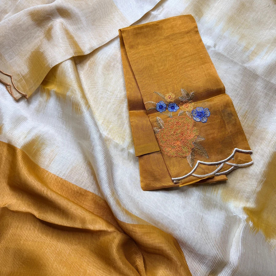 Sandal & Mustard Handloom Mangalagiri Pattu by Cotton Saree with Scalloped Border