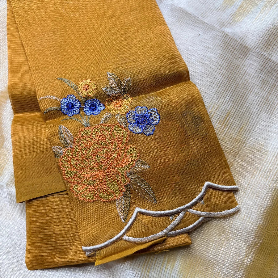 Sandal & Mustard Handloom Mangalagiri Pattu by Cotton Saree with Scalloped Border