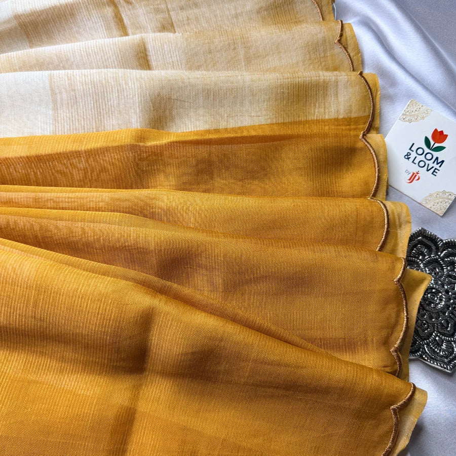 Sandal & Mustard Handloom Mangalagiri Pattu by Cotton Saree with Scalloped Border