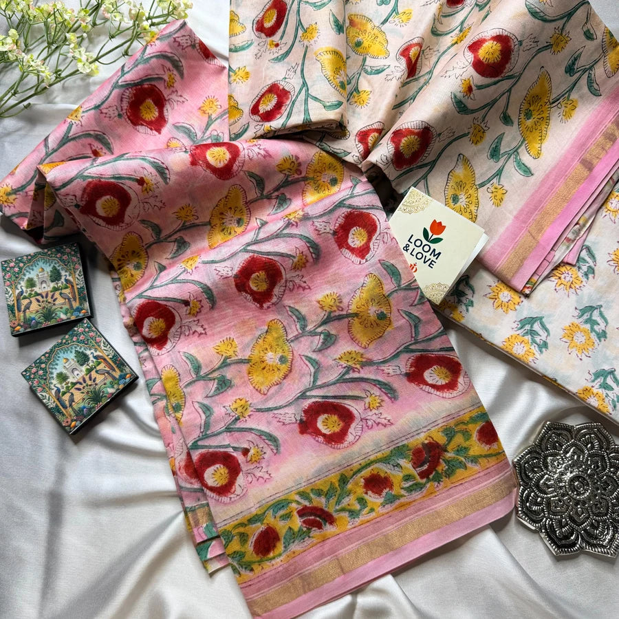 Sanganeri Hand Block Printed Chanderi 3-Piece Suit Set – Blush Pink & Ivory