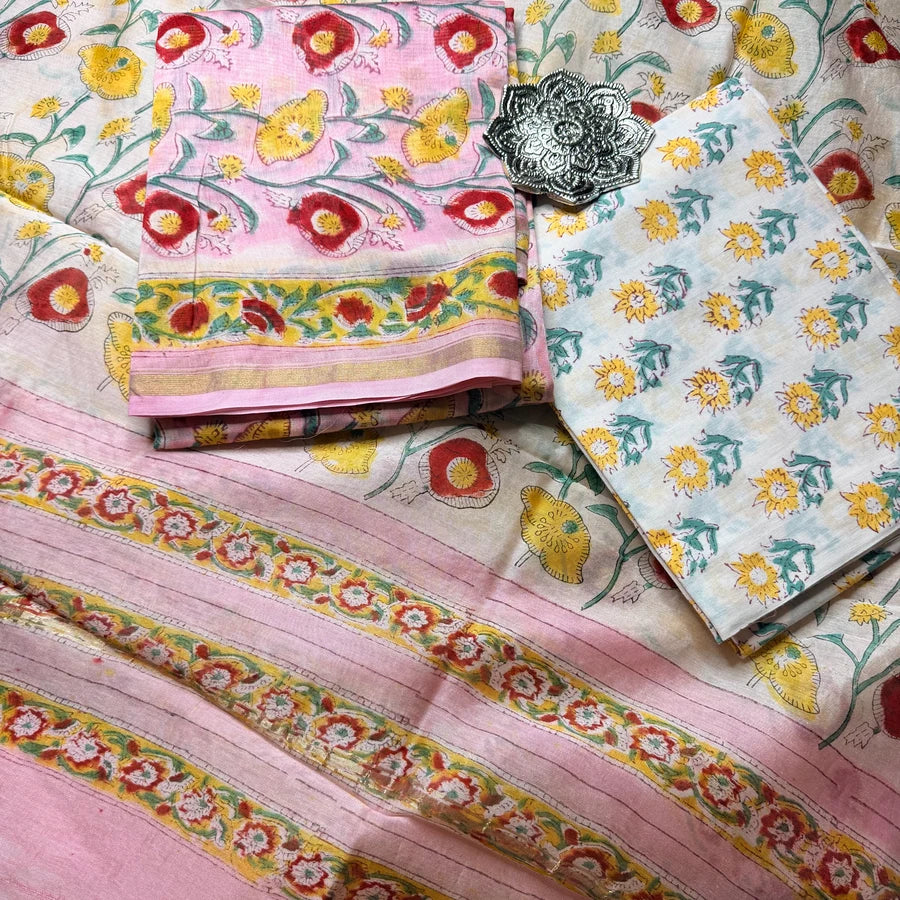 Sanganeri Hand Block Printed Chanderi 3-Piece Suit Set – Blush Pink & Ivory