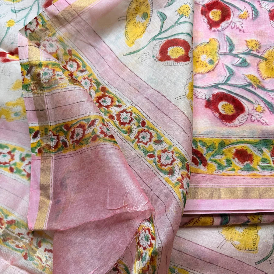 Sanganeri Hand Block Printed Chanderi 3-Piece Suit Set – Blush Pink & Ivory