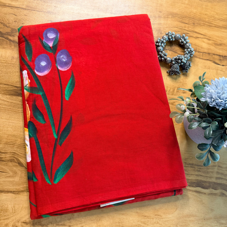 Scarlet Red Hand-Painted Cotton Saree