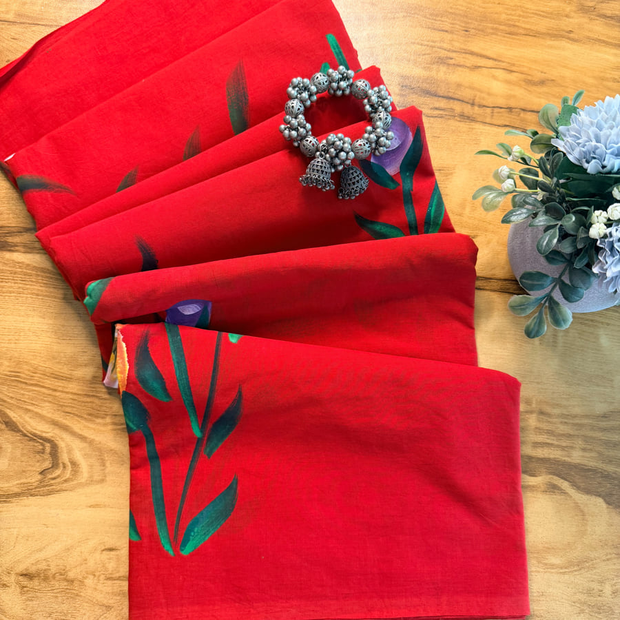Scarlet Red Hand-Painted Cotton Saree