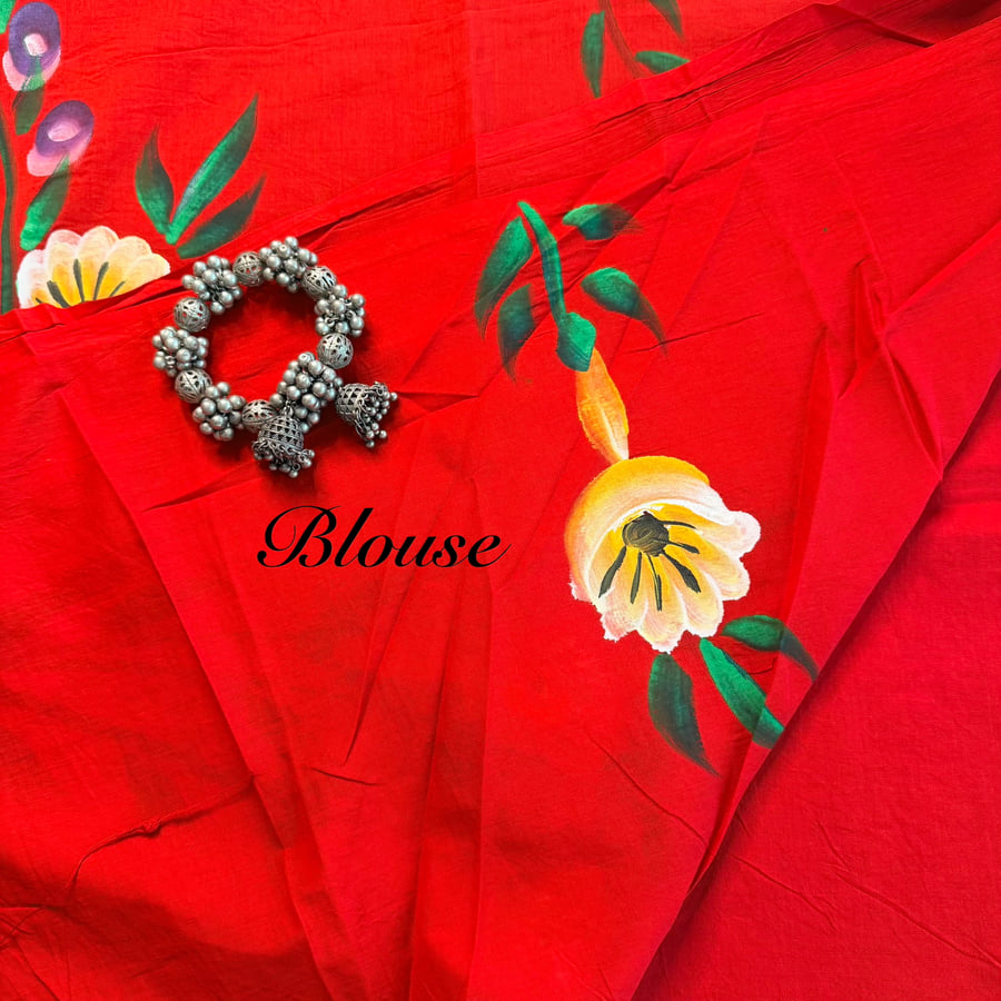 Scarlet Red Hand-Painted Cotton Saree