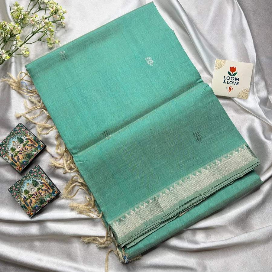 Sea Green & Powder Blue Handloom Mangalagiri Pattu by Cotton Saree