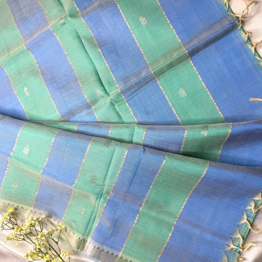 Sea Green & Powder Blue Handloom Mangalagiri Pattu by Cotton Saree