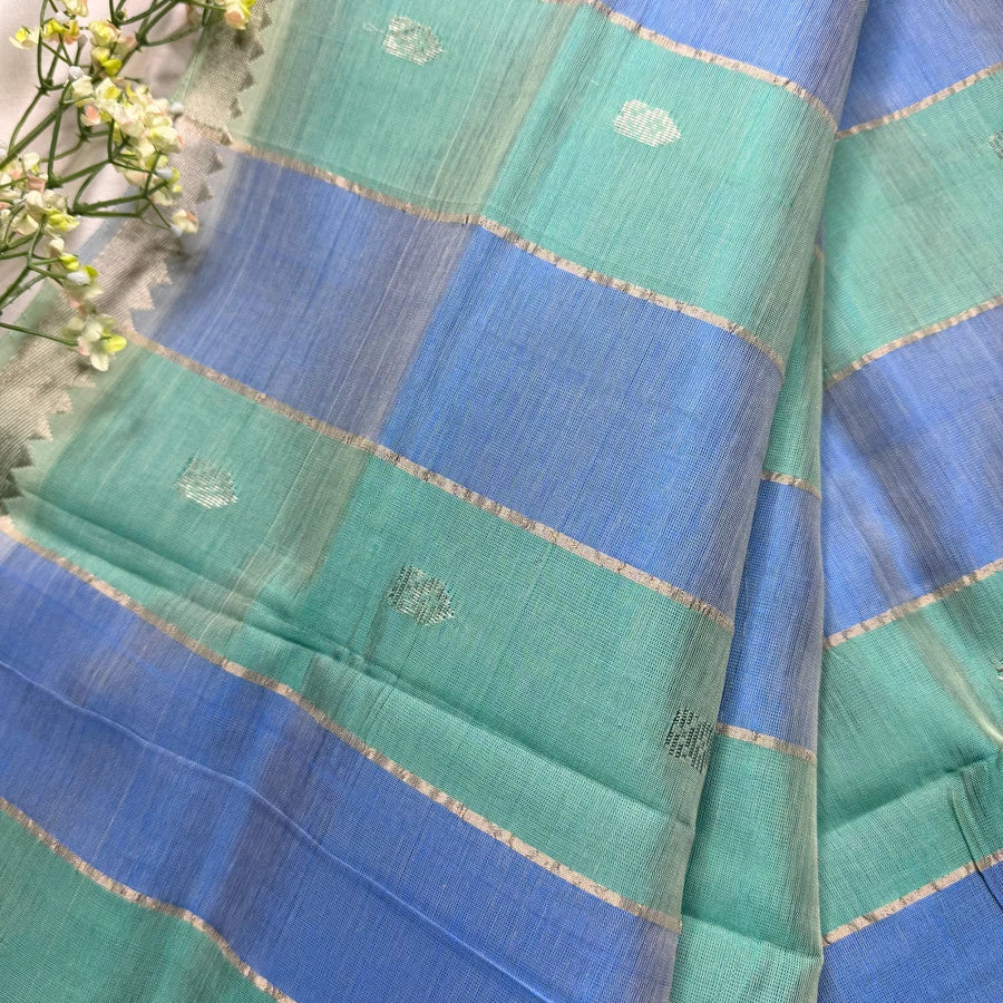 Sea Green & Powder Blue Handloom Mangalagiri Pattu by Cotton Saree