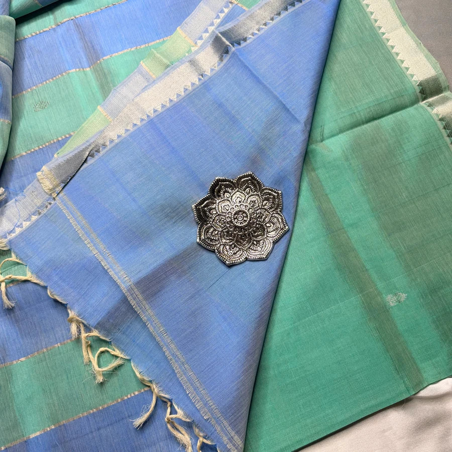 Sea Green & Powder Blue Handloom Mangalagiri Pattu by Cotton Saree