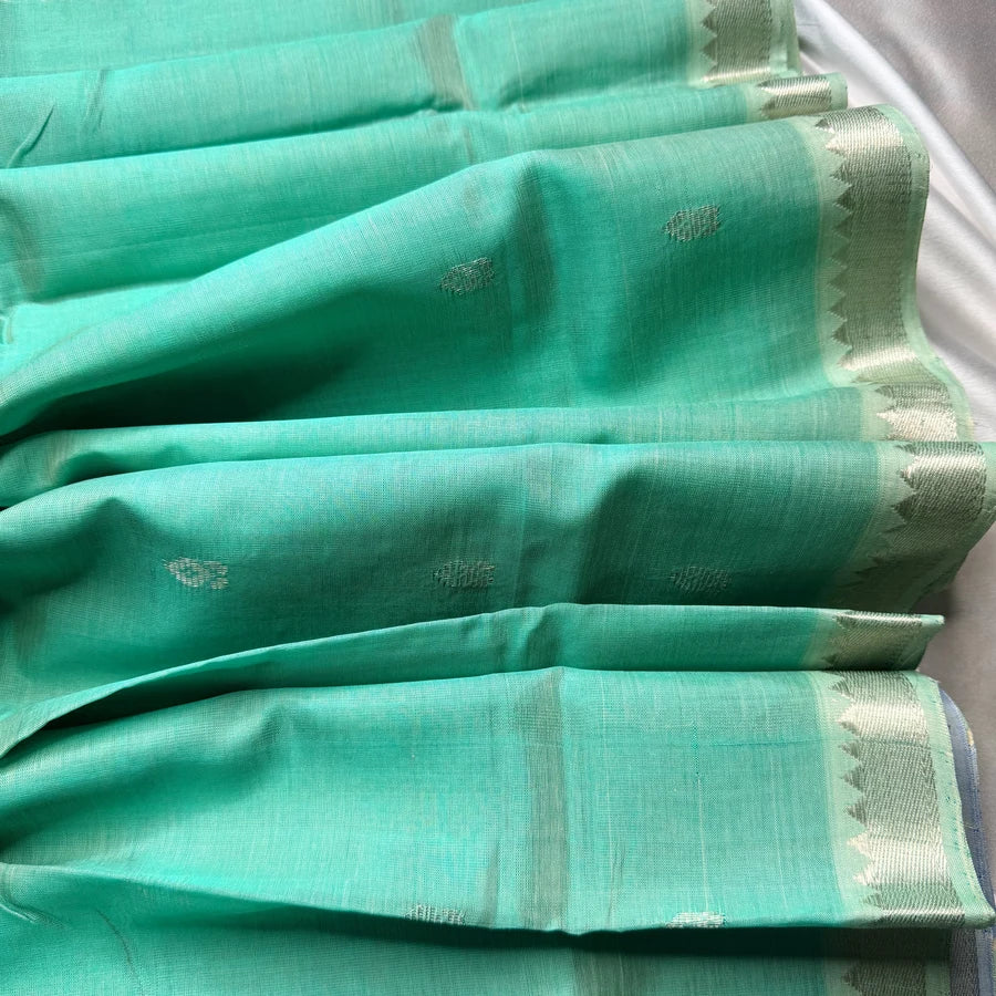 Sea Green & Powder Blue Handloom Mangalagiri Pattu by Cotton Saree