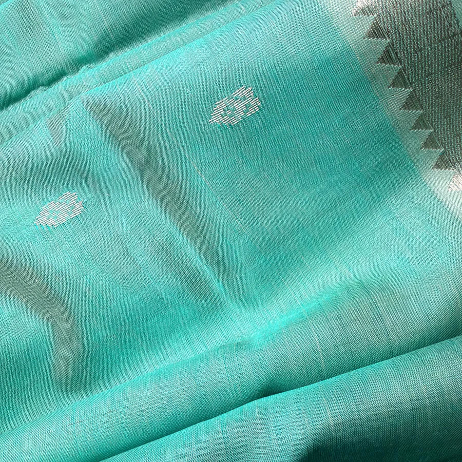 Sea Green & Powder Blue Handloom Mangalagiri Pattu by Cotton Saree