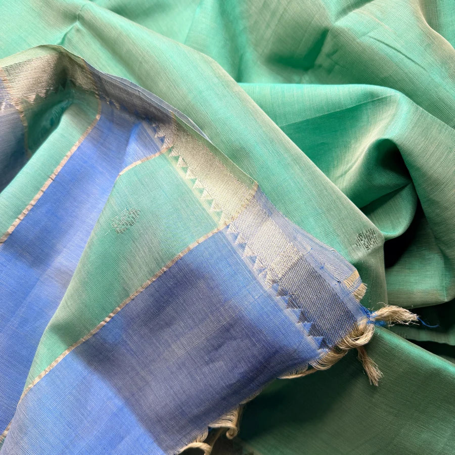 Sea Green & Powder Blue Handloom Mangalagiri Pattu by Cotton Saree