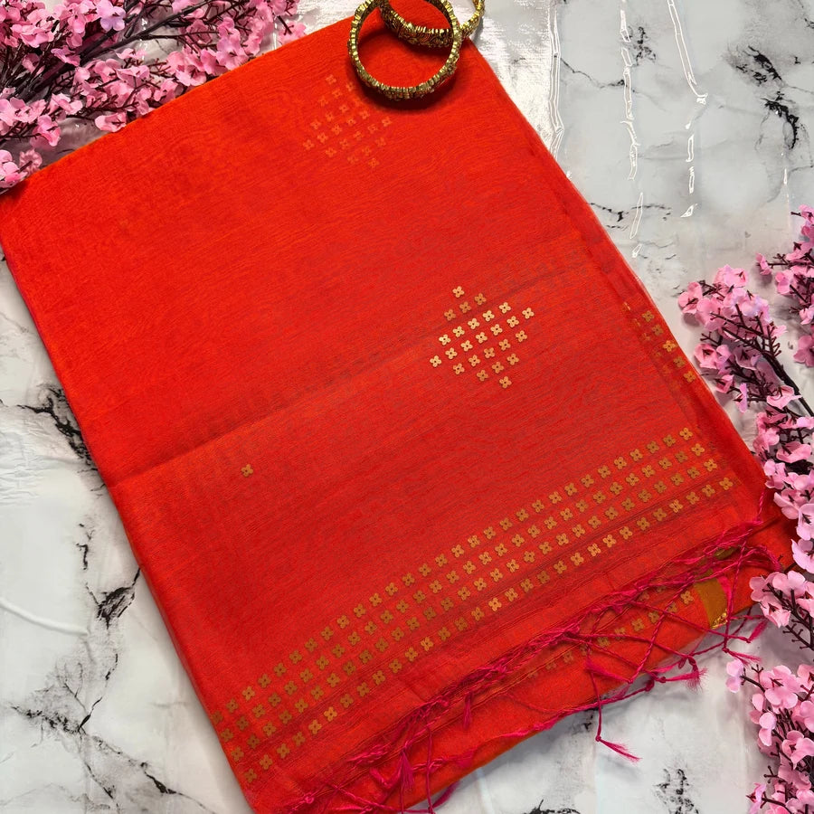 Sindhura – Vermilion Orange Semi-Muslin Silk Saree