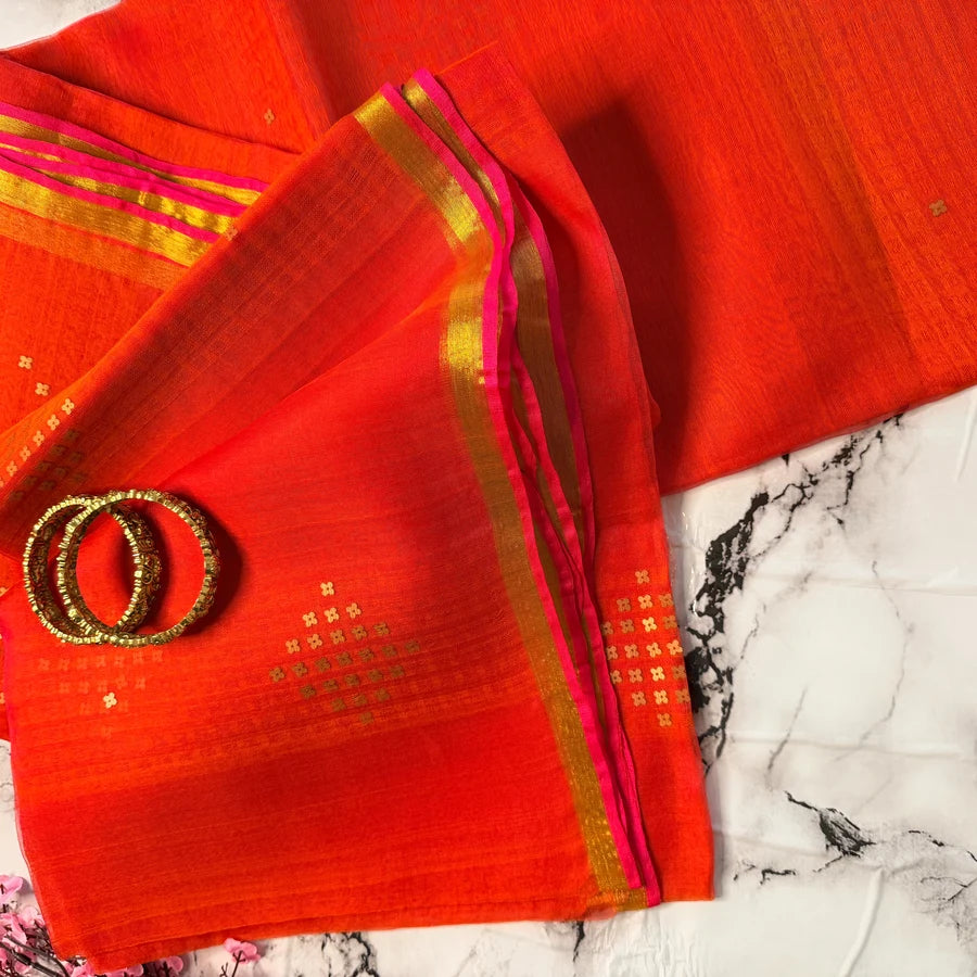 Sindhura – Vermilion Orange Semi-Muslin Silk Saree