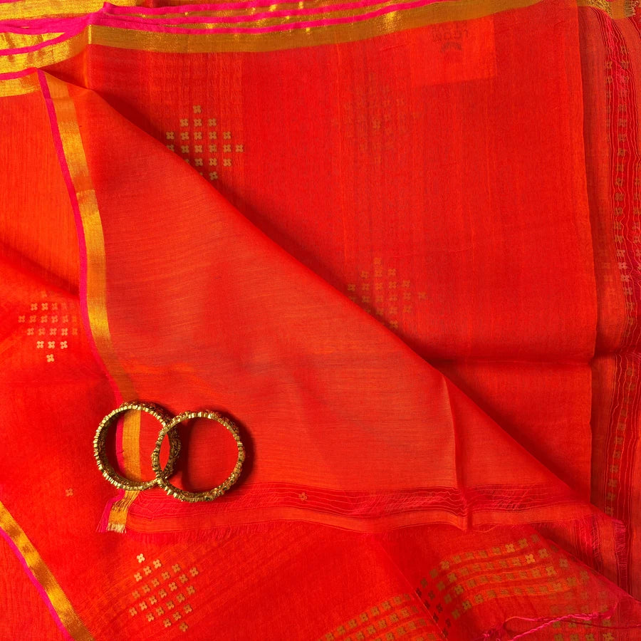 Sindhura – Vermilion Orange Semi-Muslin Silk Saree