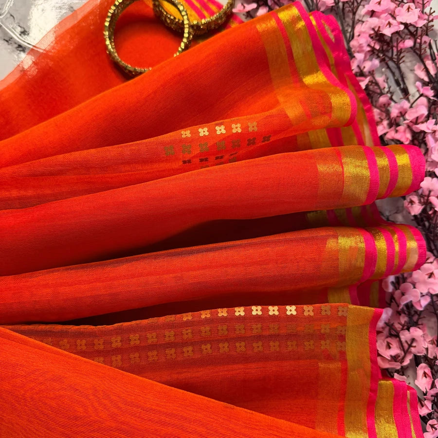 Sindhura – Vermilion Orange Semi-Muslin Silk Saree