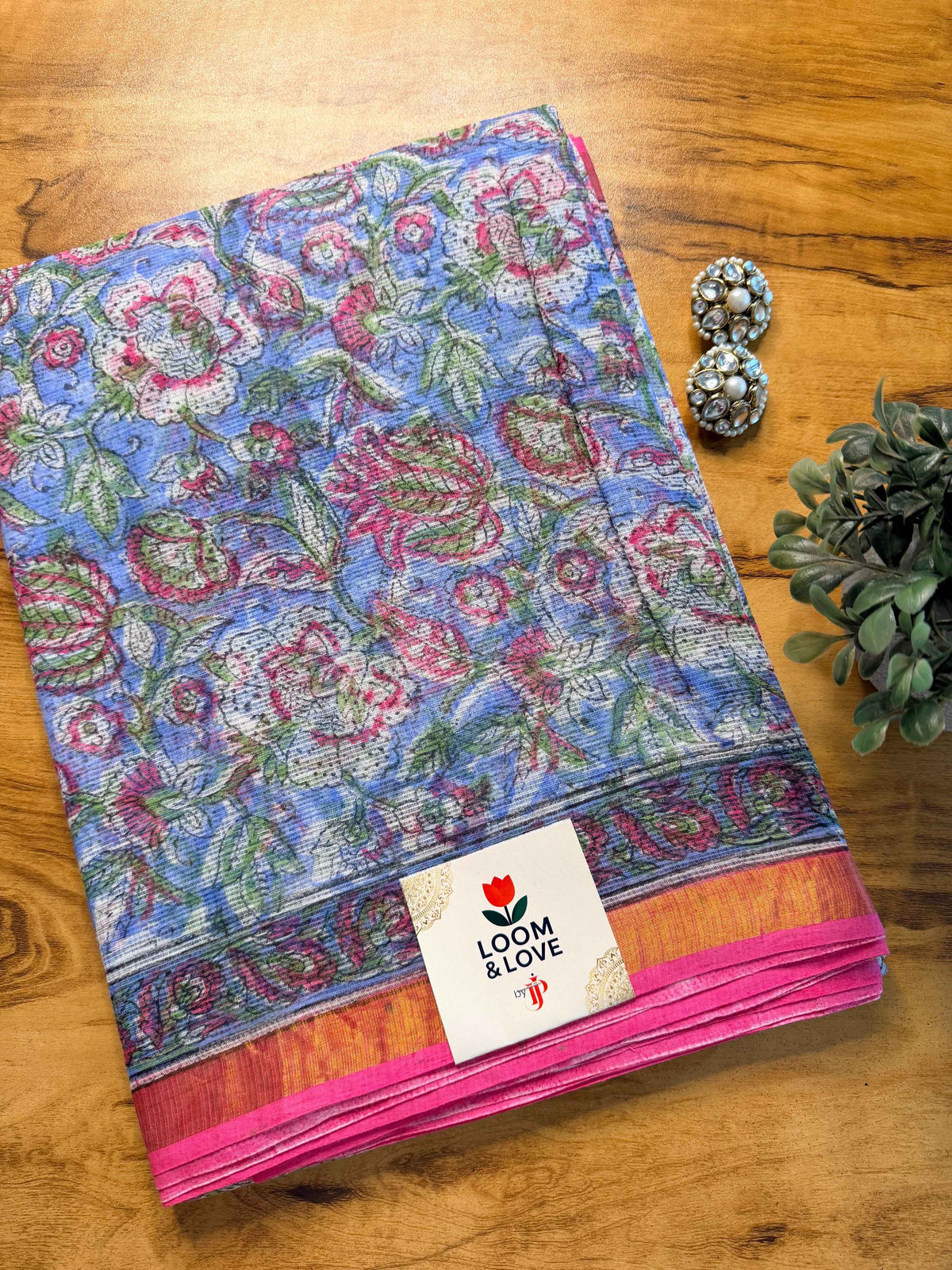 Sky Blue Floral Handblock Pure Kota Doria Saree