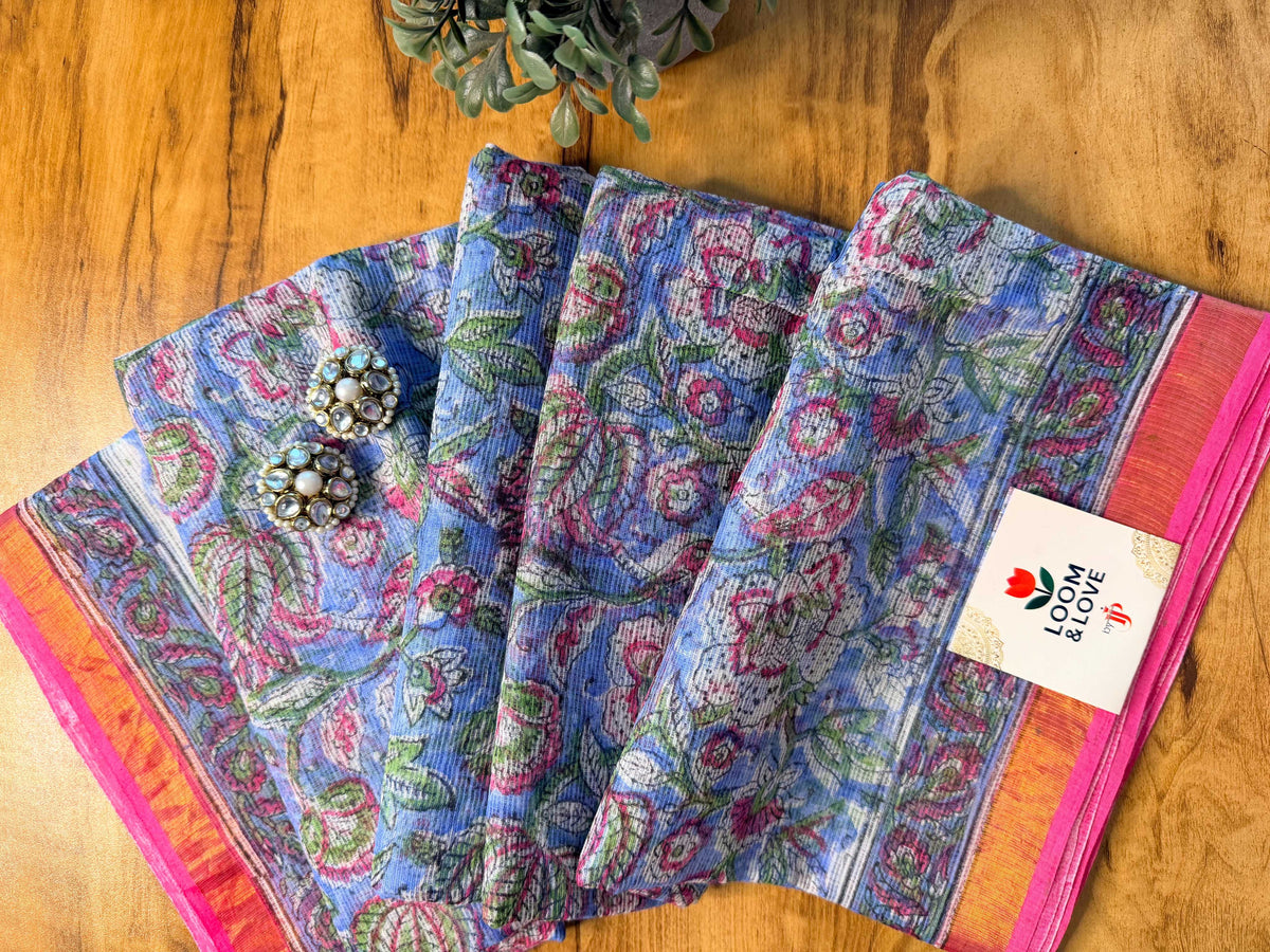 Sky Blue Floral Handblock Pure Kota Doria Saree