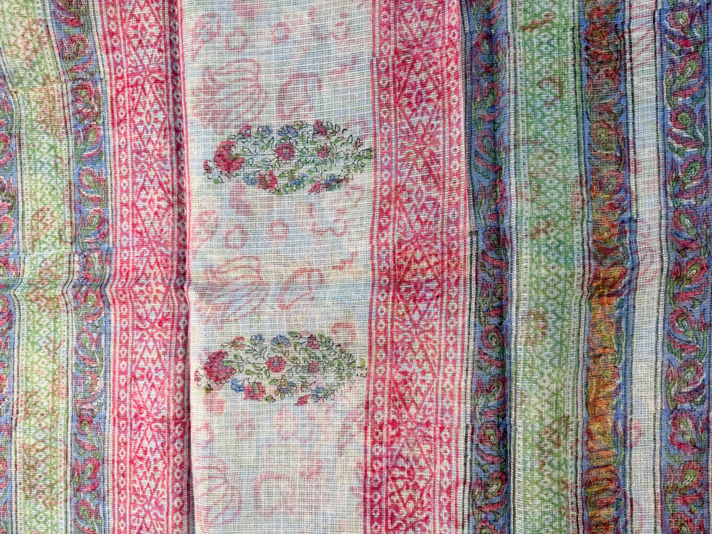 Sky Blue Floral Handblock Pure Kota Doria Saree