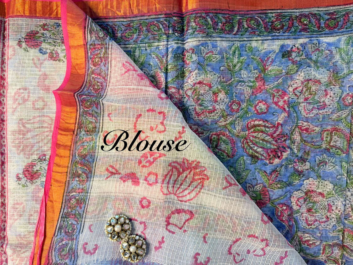 Sky Blue Floral Handblock Pure Kota Doria Saree