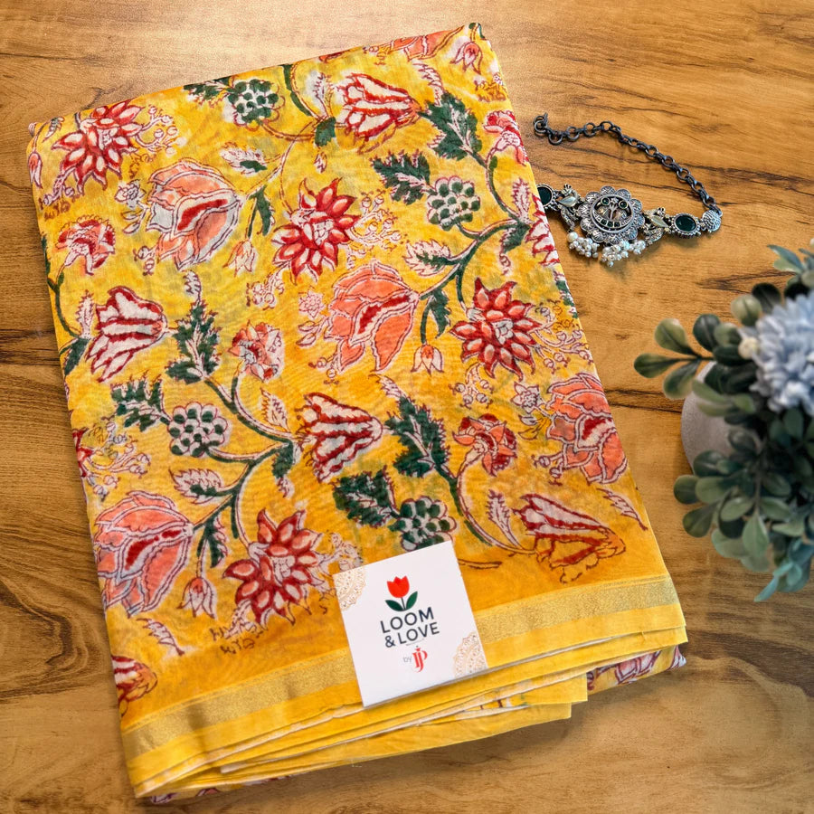 Sunflower Yellow Floral Chanderi Silk Cotton Saree