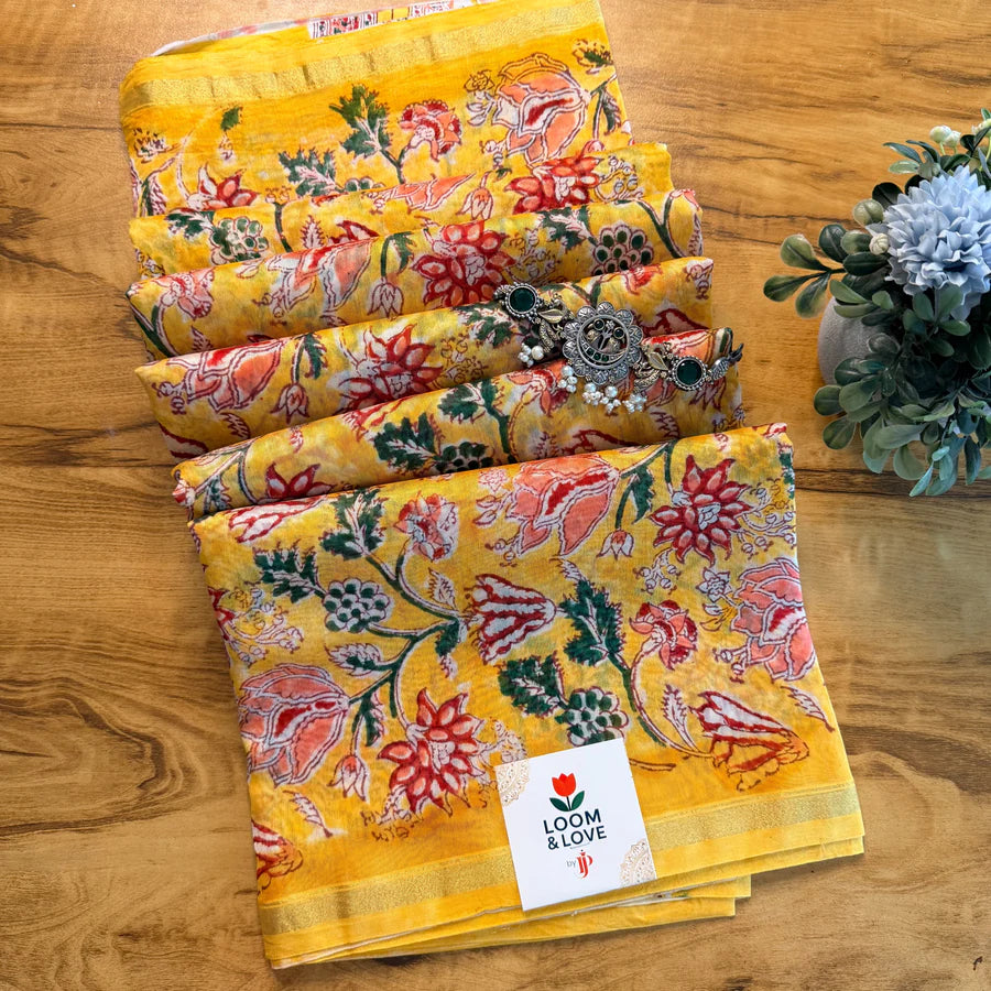 Sunflower Yellow Floral Chanderi Silk Cotton Saree