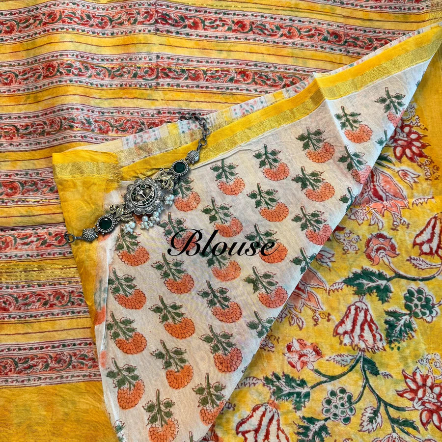 Sunflower Yellow Floral Chanderi Silk Cotton Saree