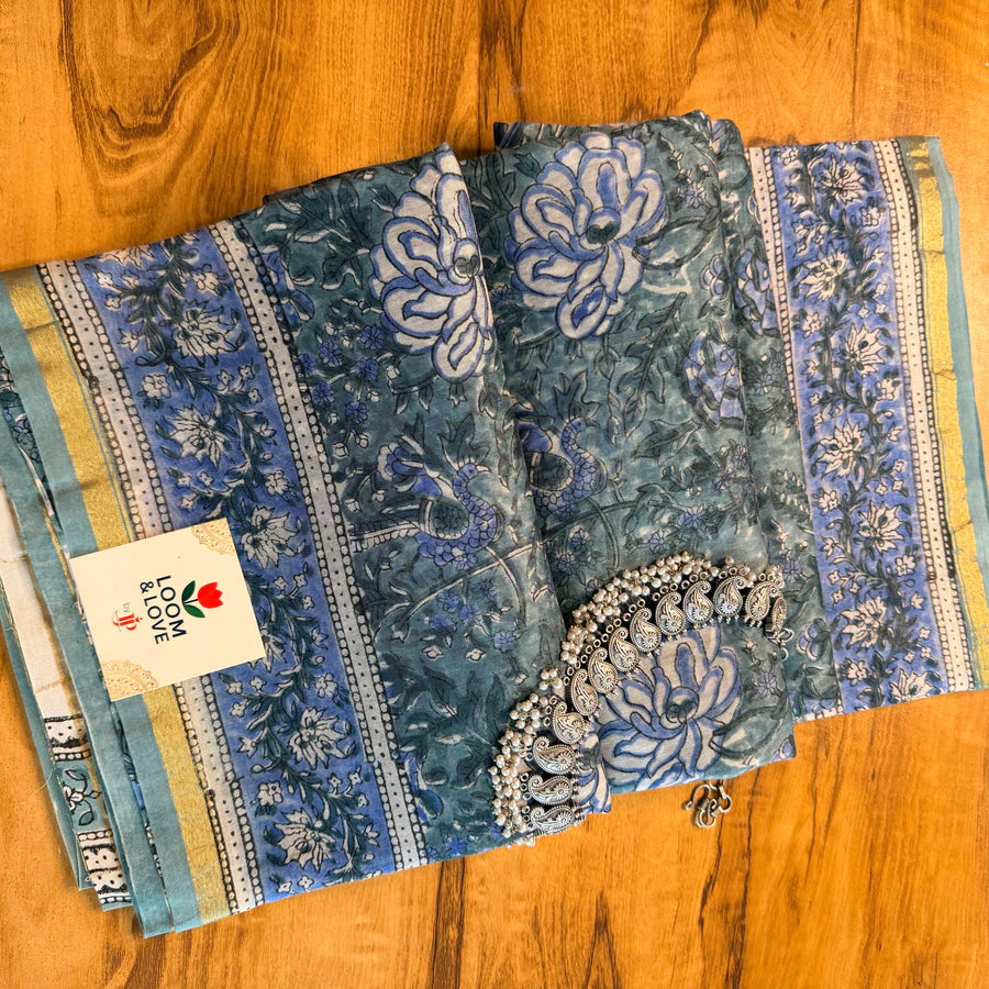 Teal Blue Floral Chanderi Silk Cotton Saree