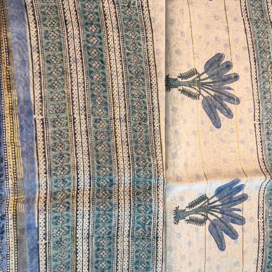 Teal Blue Floral Chanderi Silk Cotton Saree