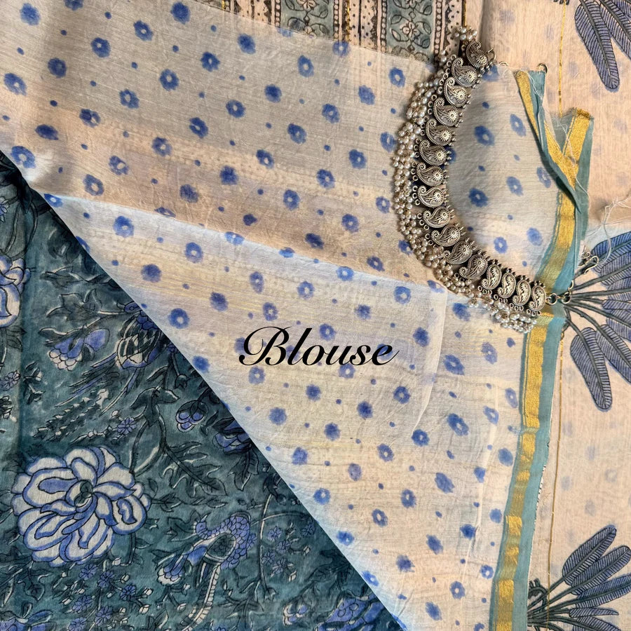 Teal Blue Floral Chanderi Silk Cotton Saree