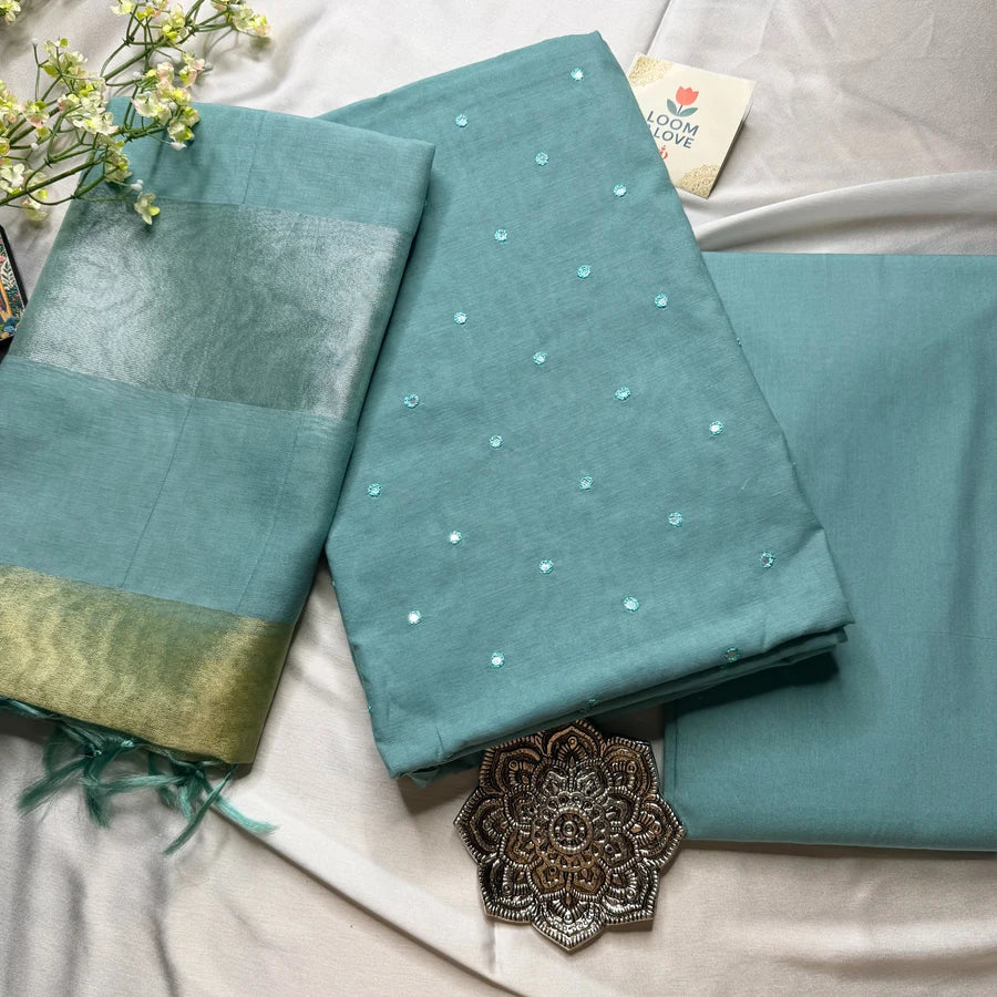 Teal Blue Mul Chanderi Mirror Embroidered 3-Piece Suit Set