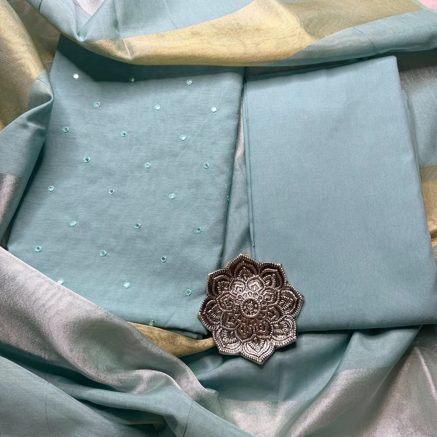 Teal Blue Mul Chanderi Mirror Embroidered 3-Piece Suit Set