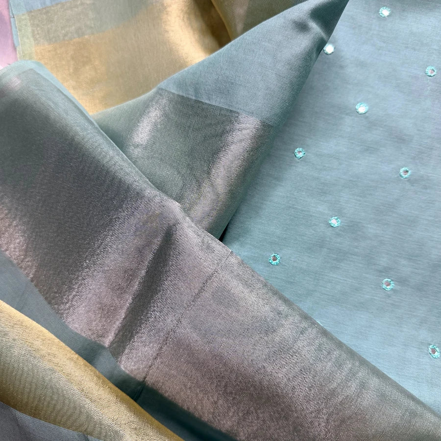 Teal Blue Mul Chanderi Mirror Embroidered 3-Piece Suit Set