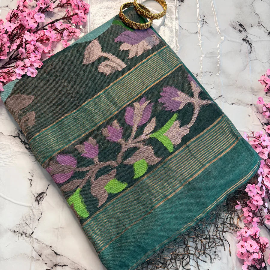 Teel Green Silk Linen Jamdani Saree