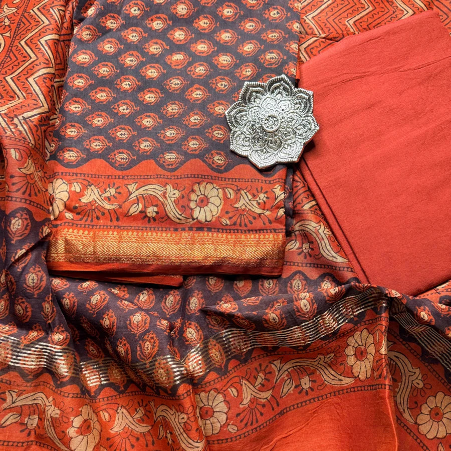 Traditional Bagru Hand Block Printed Maheshwari 3-Piece Suit Set – Charcoal Black & Rust Orange