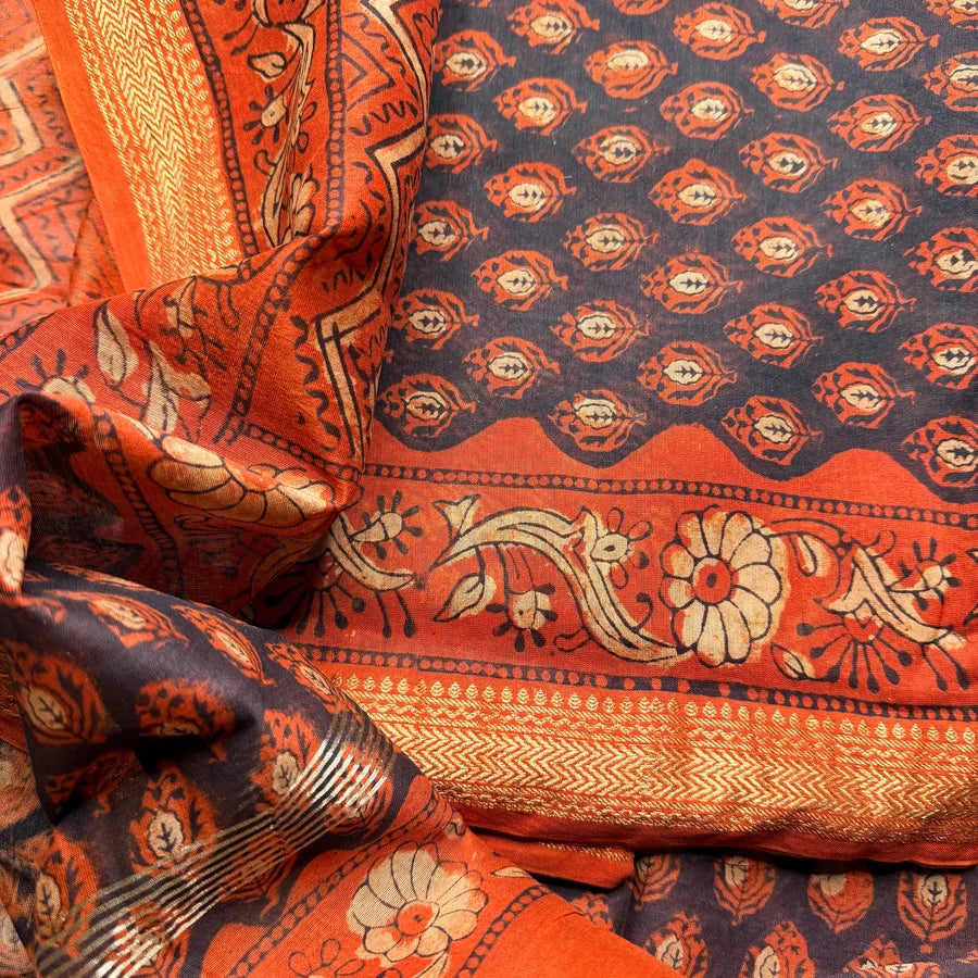 Traditional Bagru Hand Block Printed Maheshwari 3-Piece Suit Set – Charcoal Black & Rust Orange