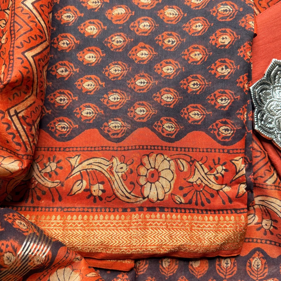 Traditional Bagru Hand Block Printed Maheshwari 3-Piece Suit Set – Charcoal Black & Rust Orange
