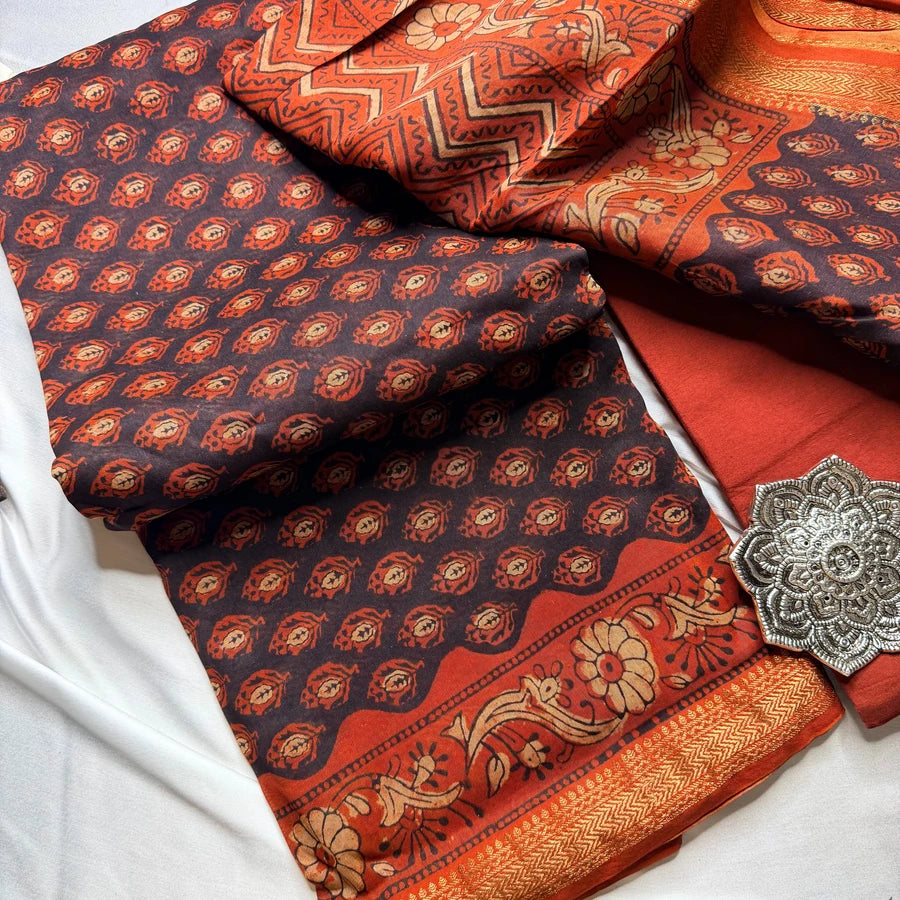 Traditional Bagru Hand Block Printed Maheshwari 3-Piece Suit Set – Charcoal Black & Rust Orange
