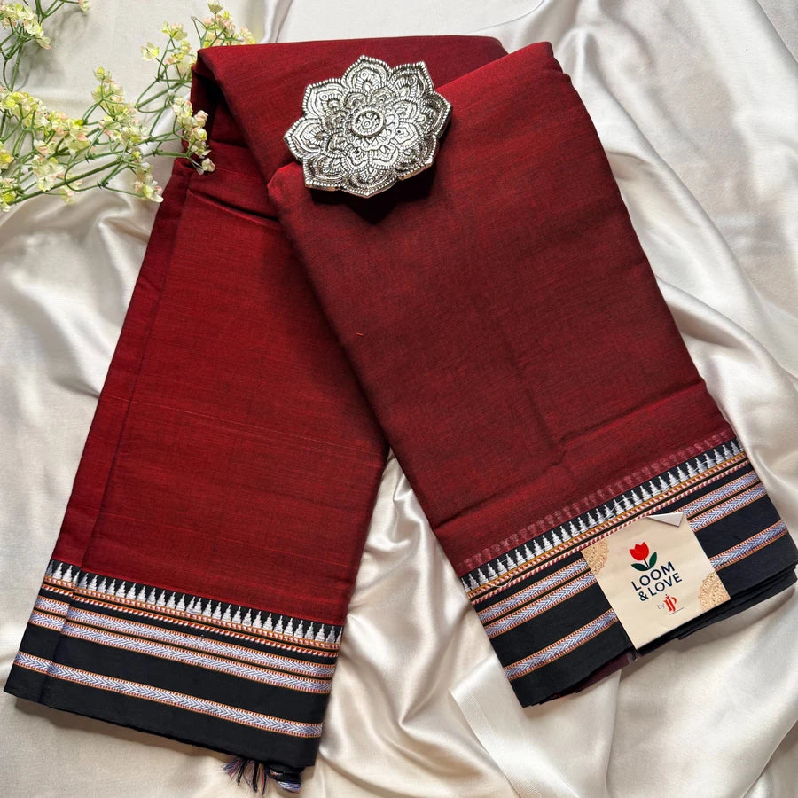 Traditional Narayanpet Cotton Saree with Contrast Border – Deep Maroon & Black