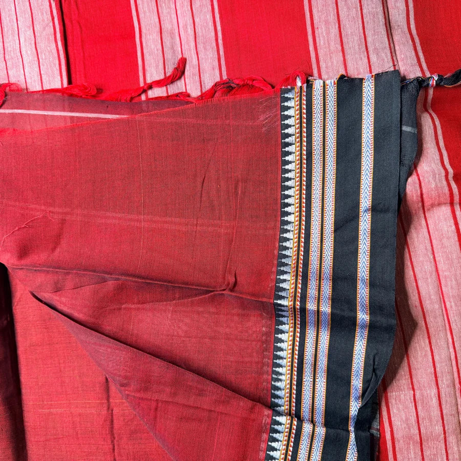 Traditional Narayanpet Cotton Saree with Contrast Border – Deep Maroon & Black