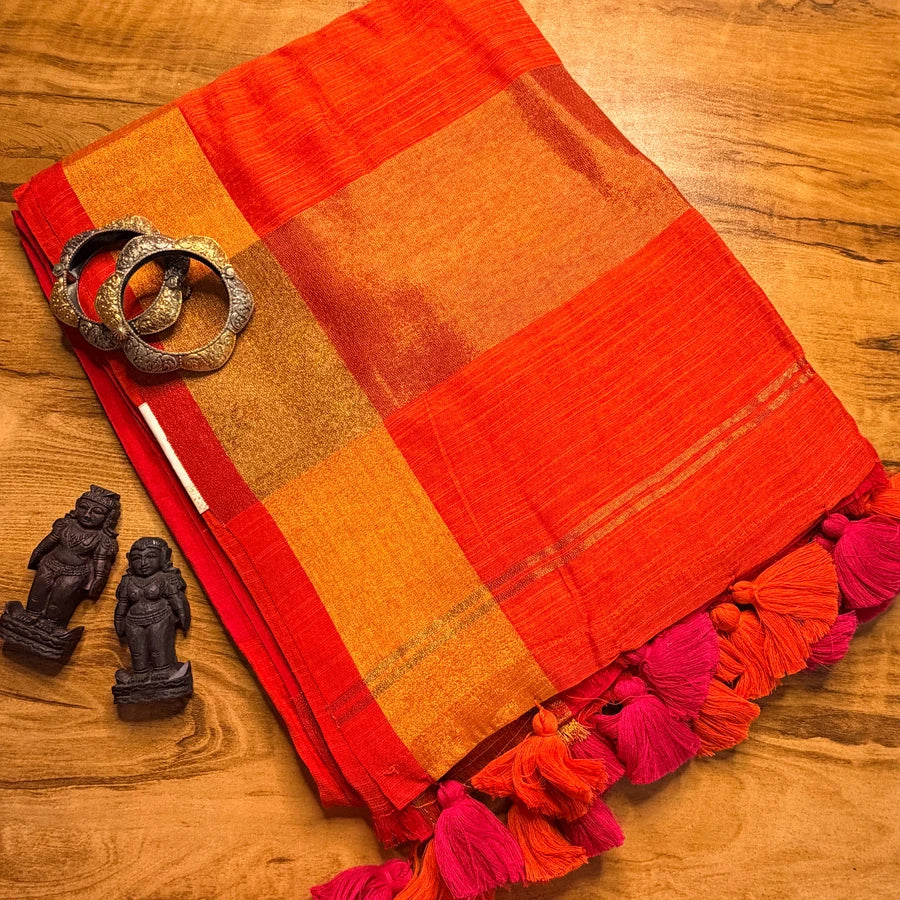 Viscose Cotton Saree – Pink & Bright Orange