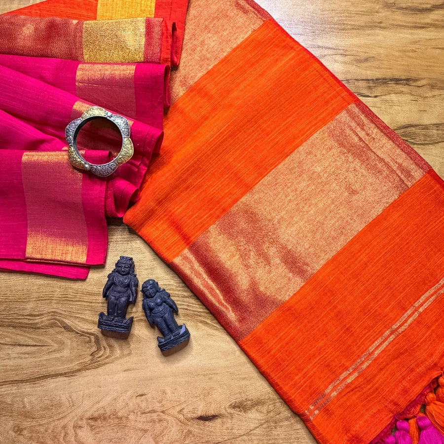 Viscose Cotton Saree – Pink & Bright Orange