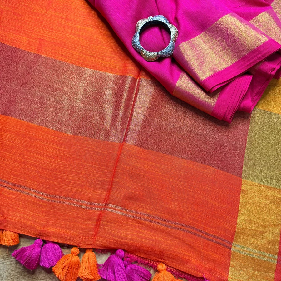 Viscose Cotton Saree – Pink & Bright Orange