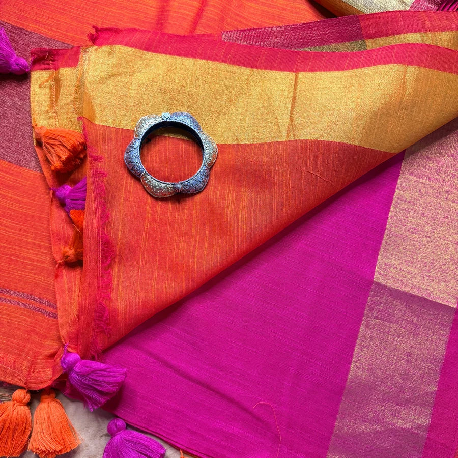 Viscose Cotton Saree – Pink & Bright Orange