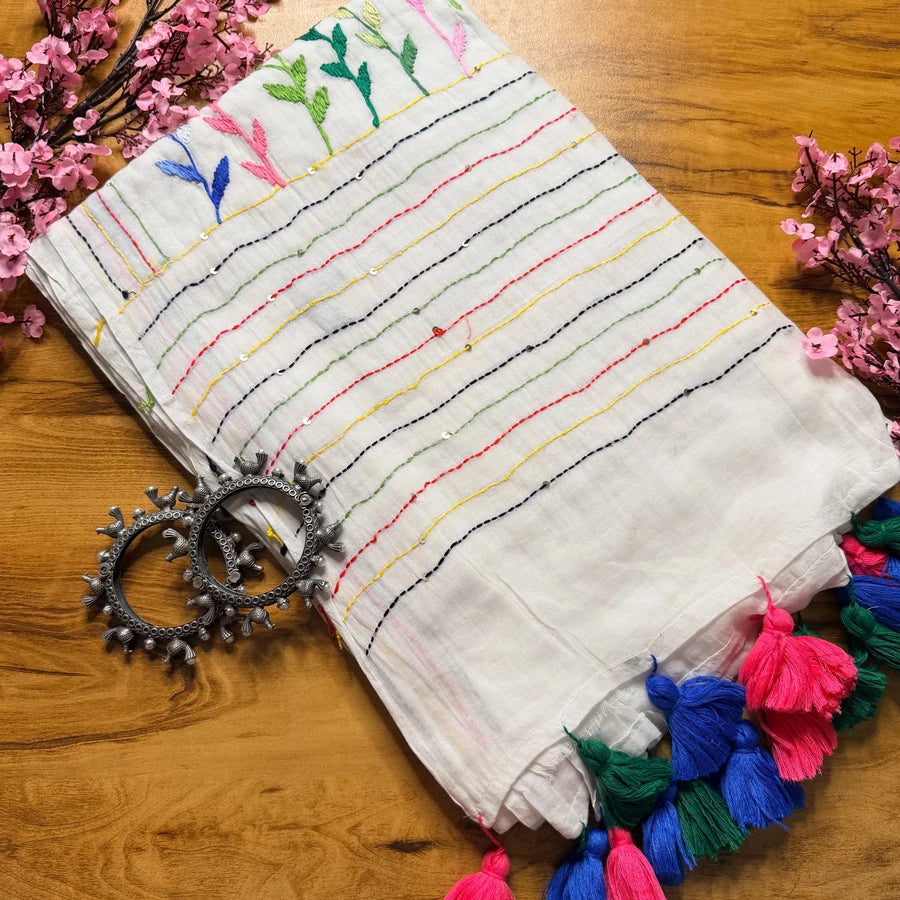 White Mul Mul Cotton Multicolour Embroidered Saree