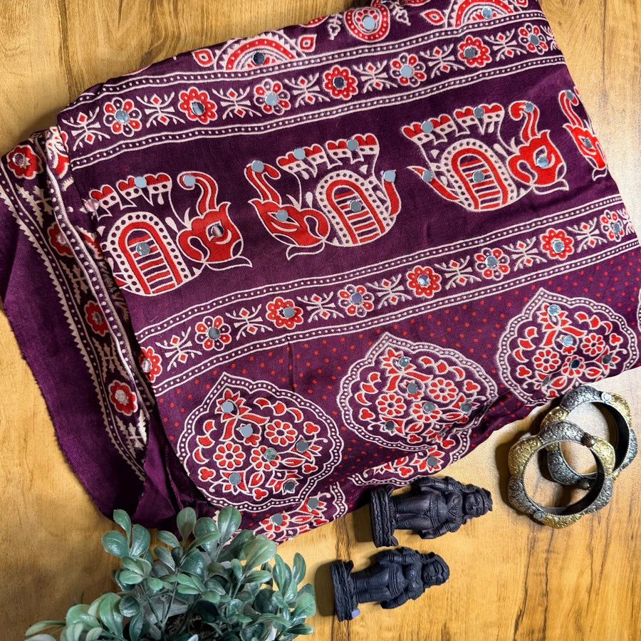 Wine Ajrakh Mirrorwork Modal Silk