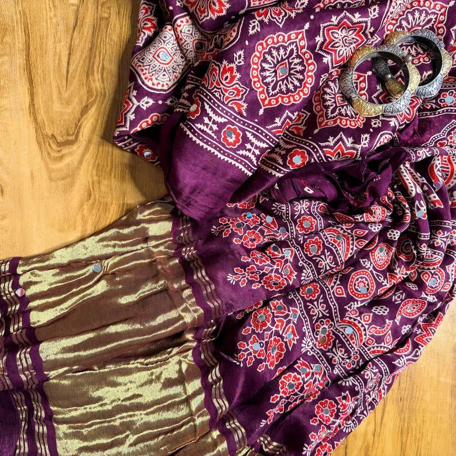 Wine Ajrakh Mirrorwork Modal Silk