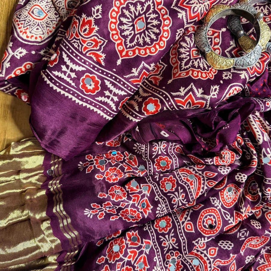 Wine Ajrakh Mirrorwork Modal Silk